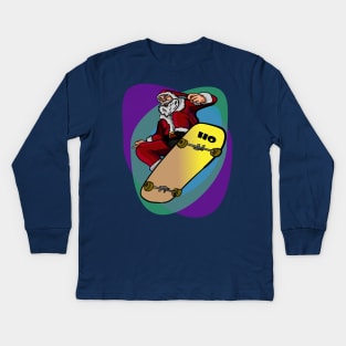 Santa on Skateboard Funny Santa colorful Kids Long Sleeve T-Shirt